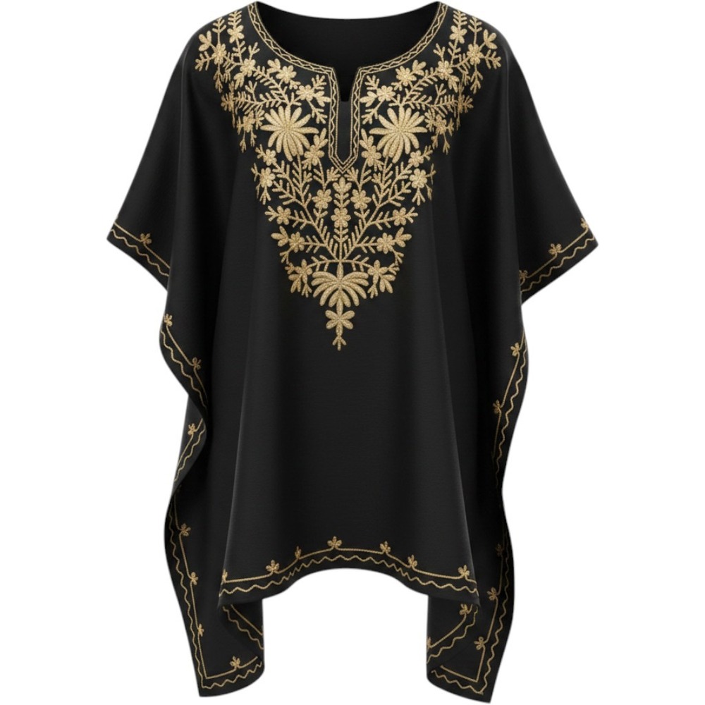Saakaa Womens Black Gold Embroidered Kaftan Top Boho Floral Poncho Blouse S